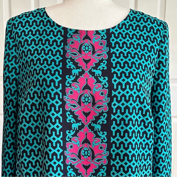 Crown & Ivy Dress Shift 3/4 Sleeve Geo Elephant Print Navy Turquoise Pink Size 8 - Picture 3 of 12